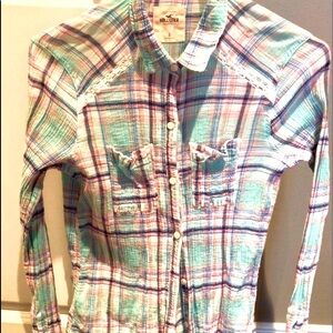 Hollister Seafoam, Pink and Blue Plaid Shirt